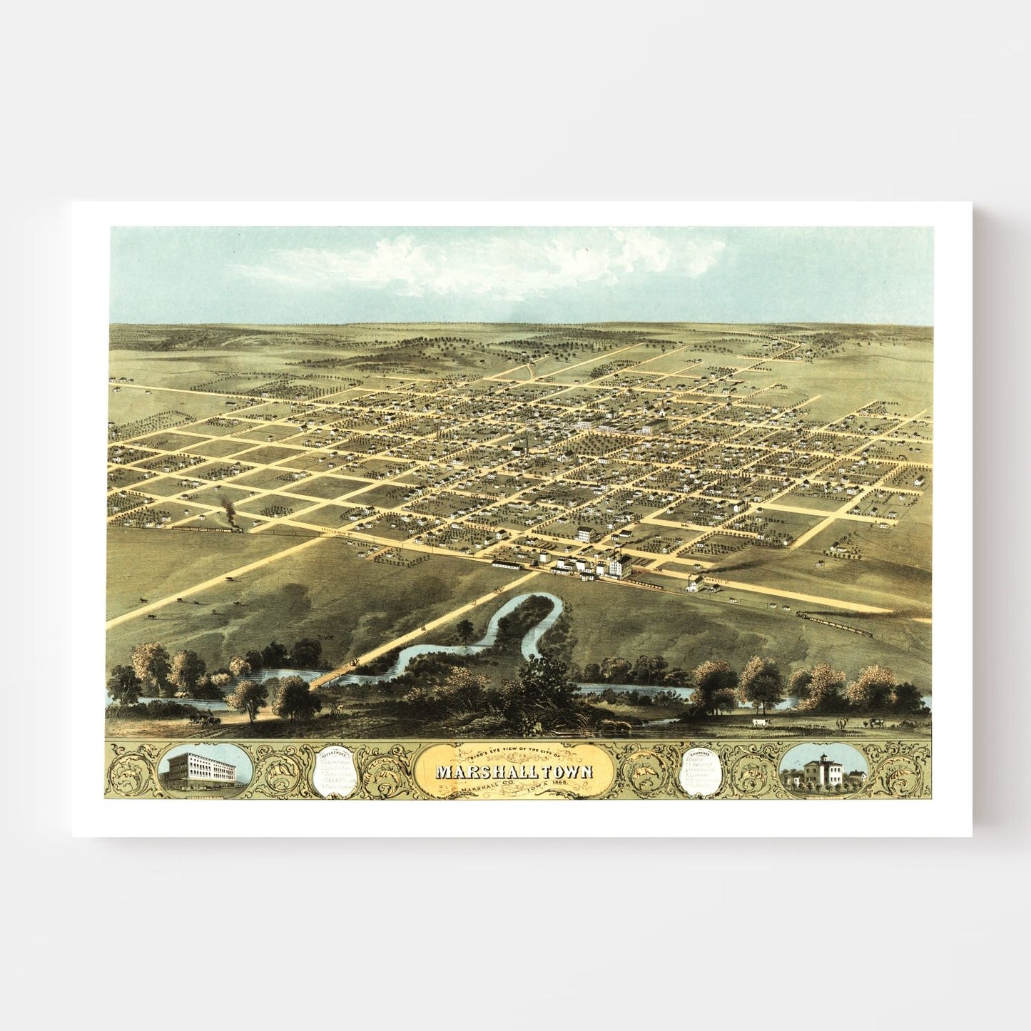 Vintage Map of Marshalltown, Iowa, 1868