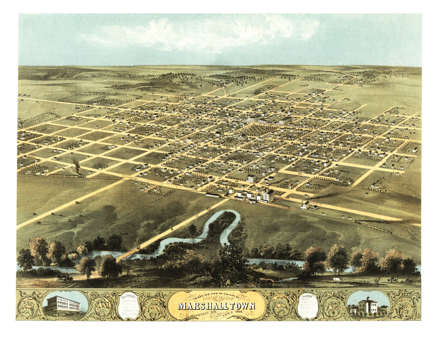 Vintage Map of Marshalltown, Iowa, 1868
