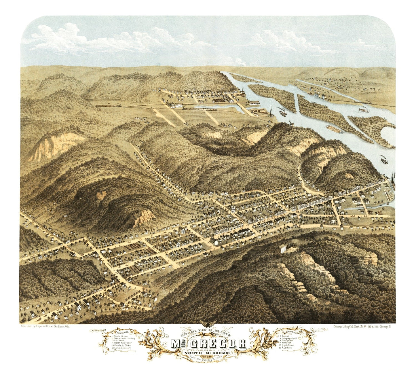 Vintage Map of McGregor, Iowa, 1869 Wall Art
