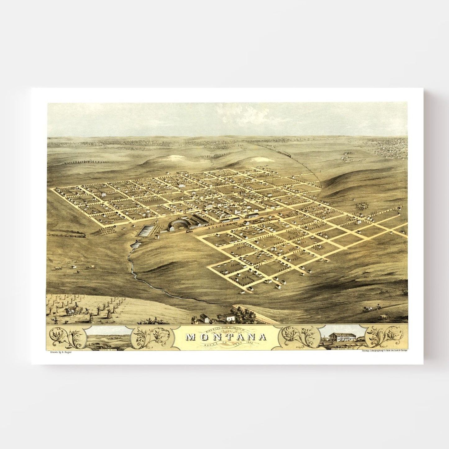 Vintage Map of Montana, Boone County, Iowa, 1868