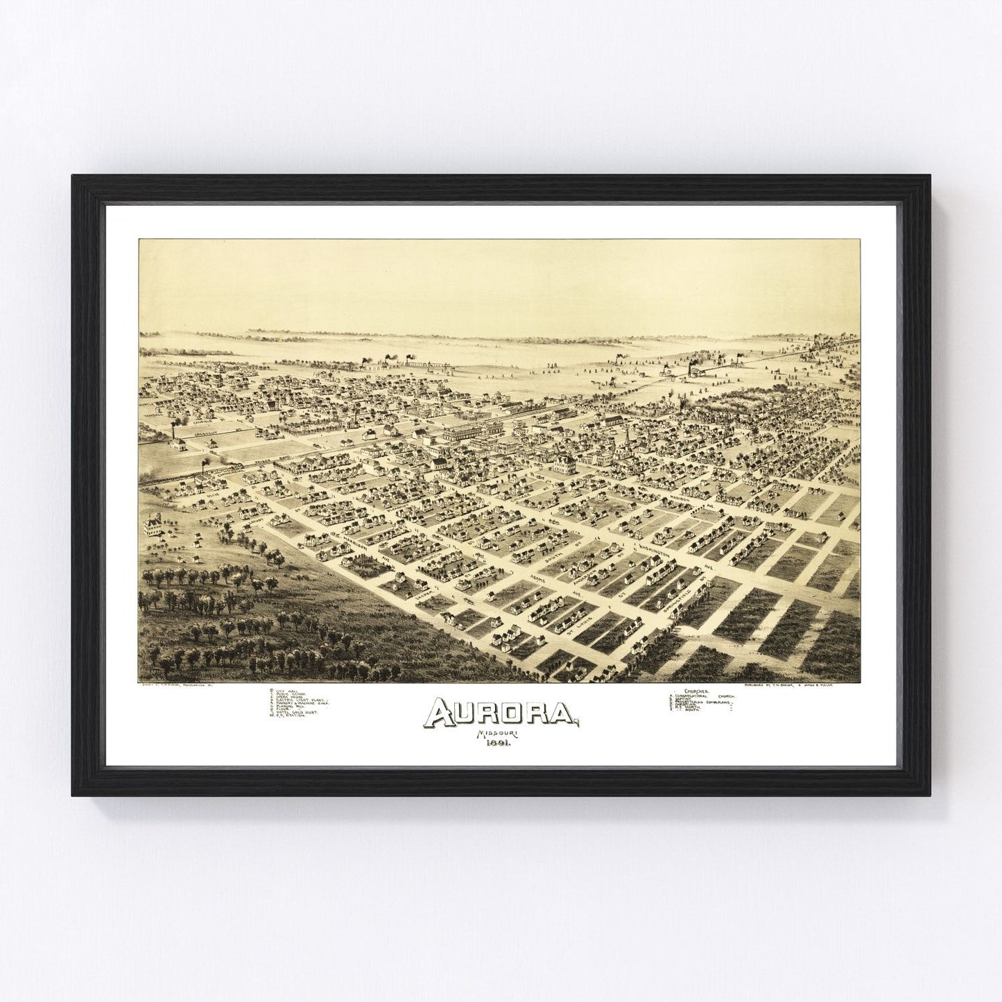 Vintage plat map of Aurora, Missouri Ozarks edge town, 1891