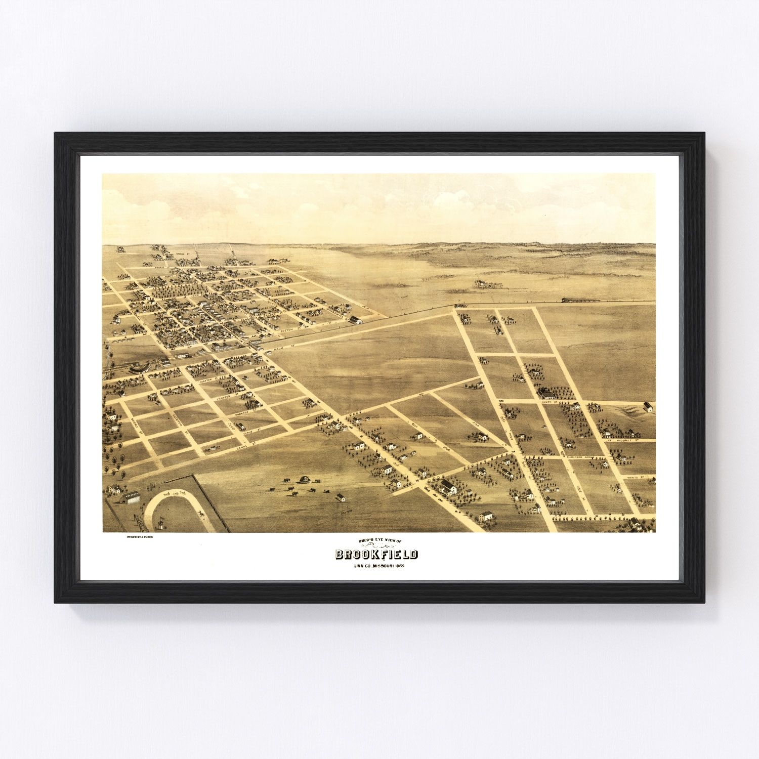 vintage map of Brookfield Missouri 1869, restored print wall art