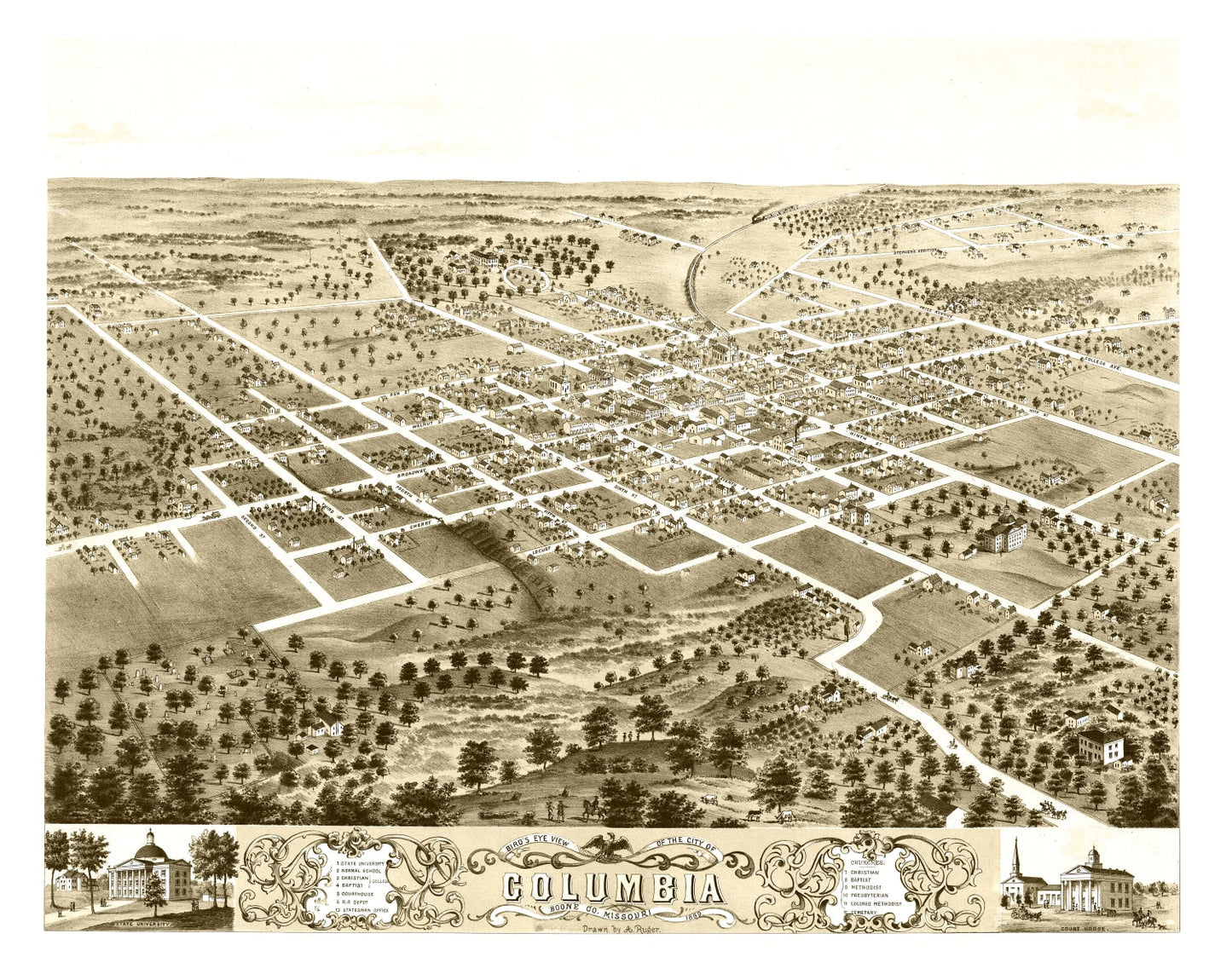 Vintage Map of Columbia, Missouri 1869