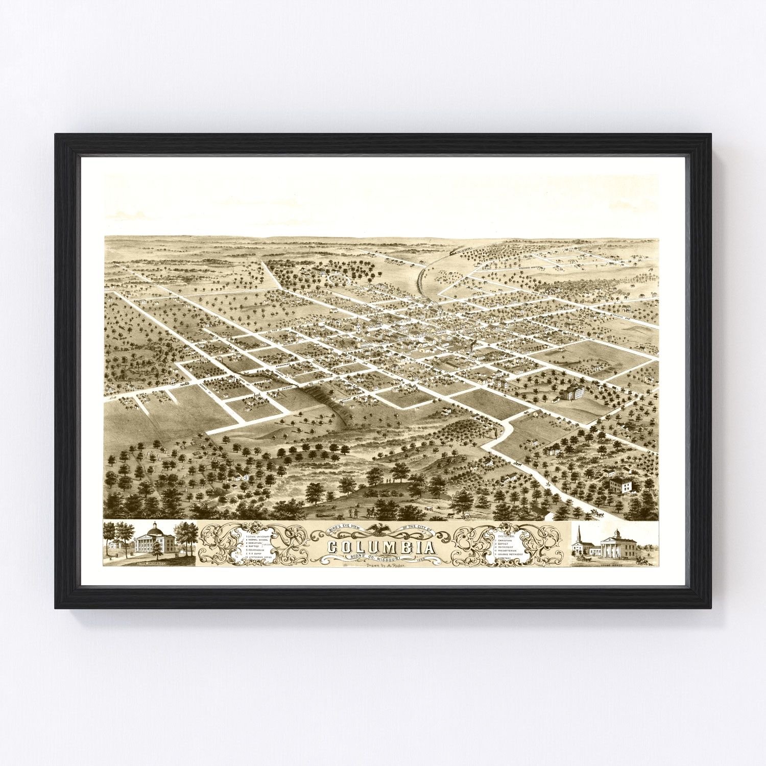 Vintage restored map of Columbia, Missouri, 1869, university town Boone County
