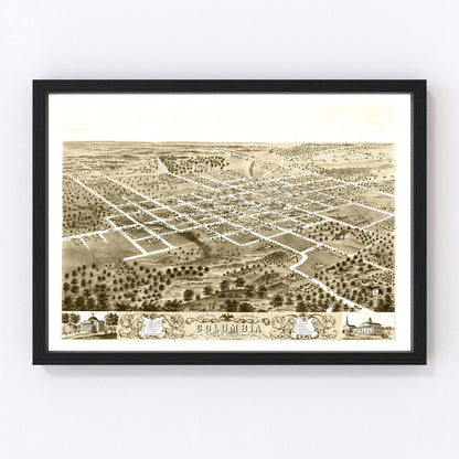Vintage restored map of Columbia, Missouri, 1869, university town Boone County