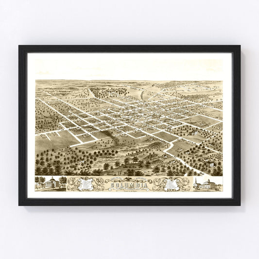 Vintage restored map of Columbia, Missouri, 1869, university town Boone County