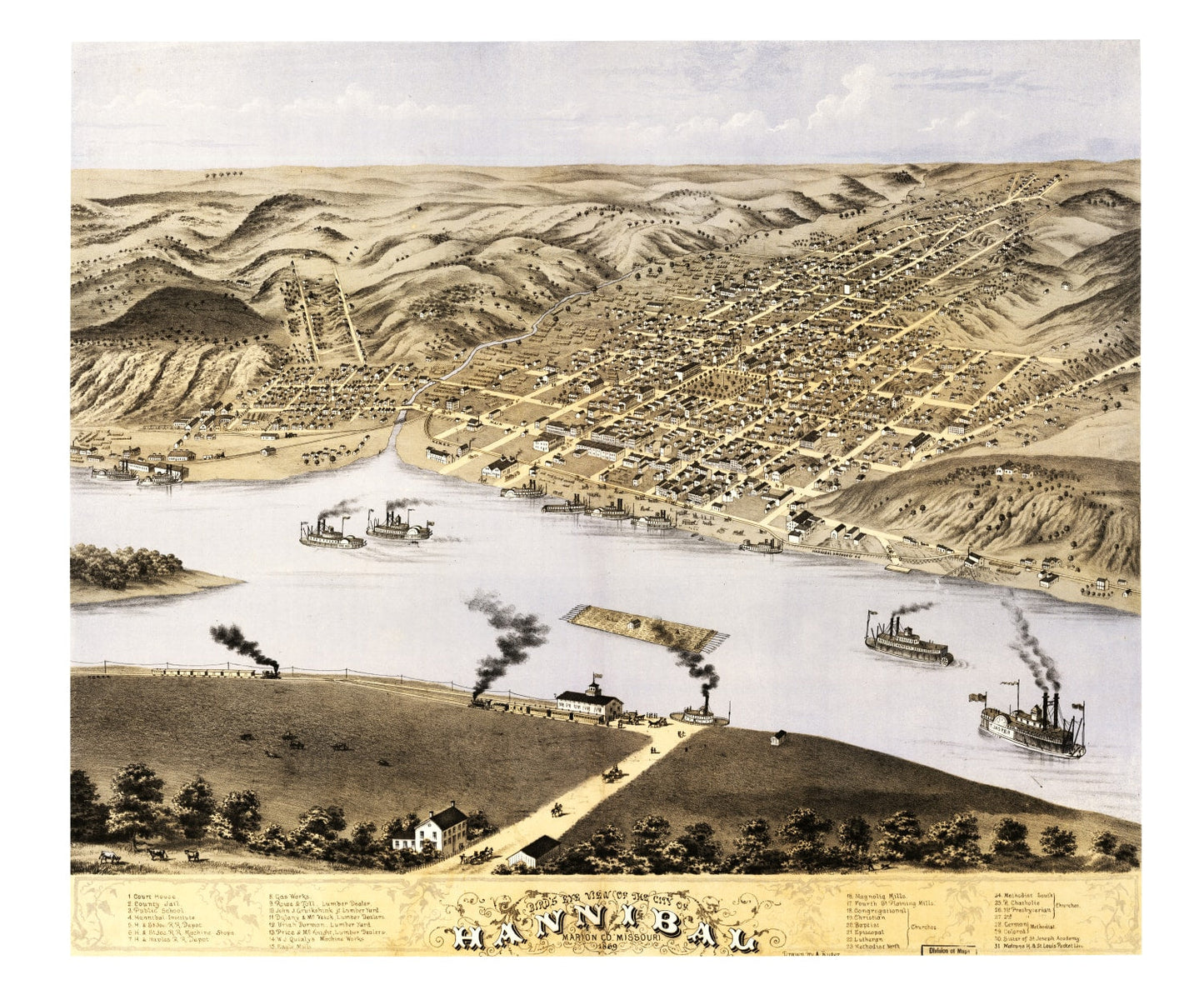Vintage Map of Hannibal, Missouri, 1869