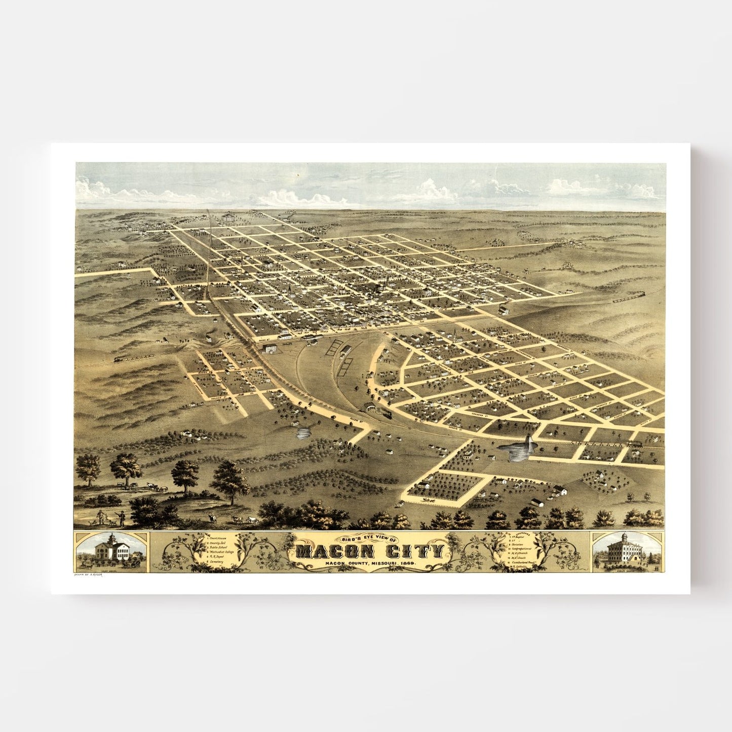 Vintage Map of Macon City, Missouri, 1869