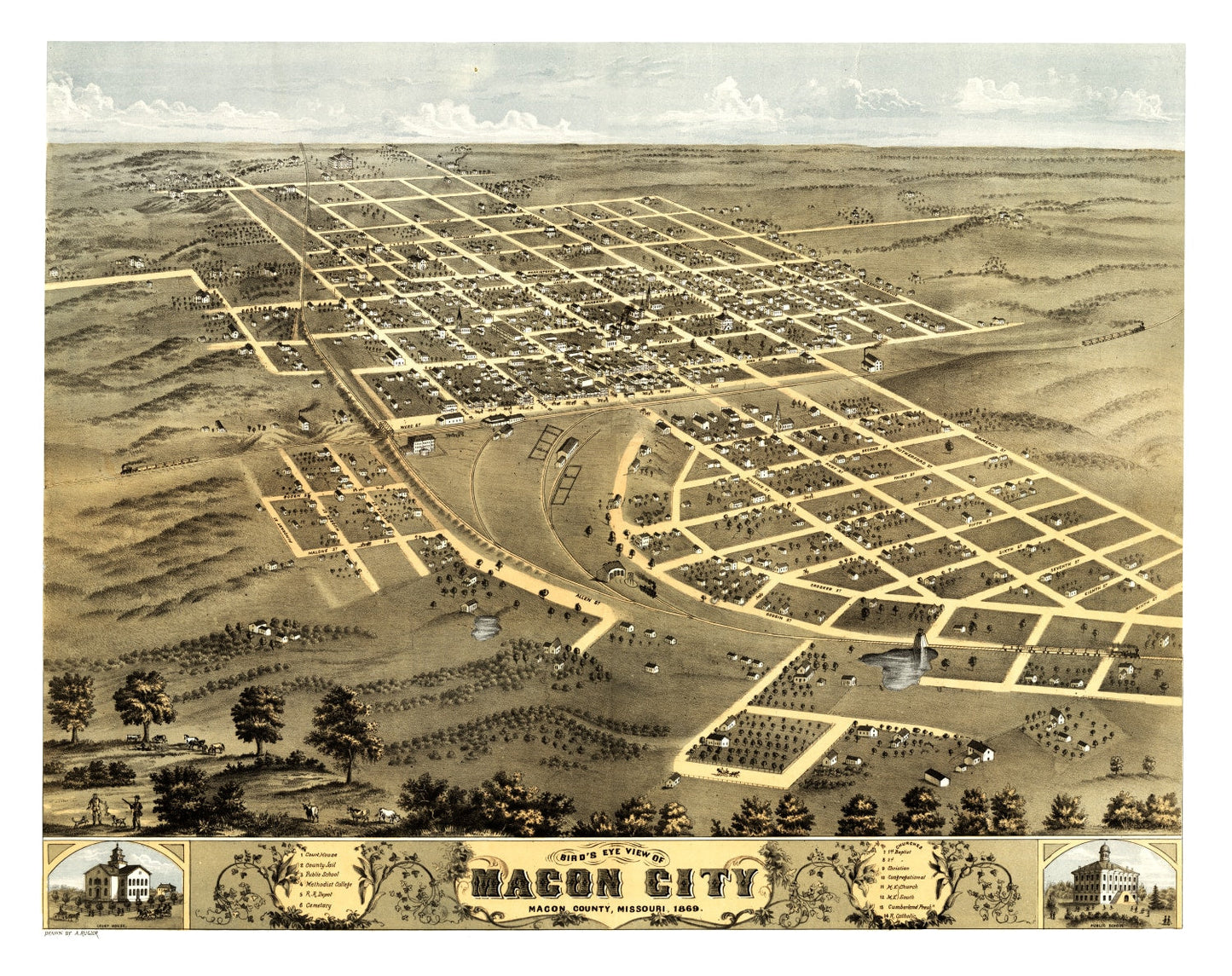 Vintage Map of Macon City, Missouri, 1869