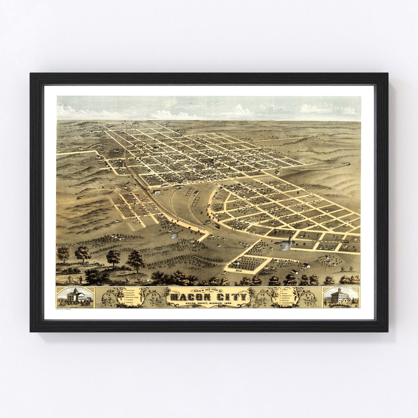 Vintage map of Macon City, Missouri, 1869