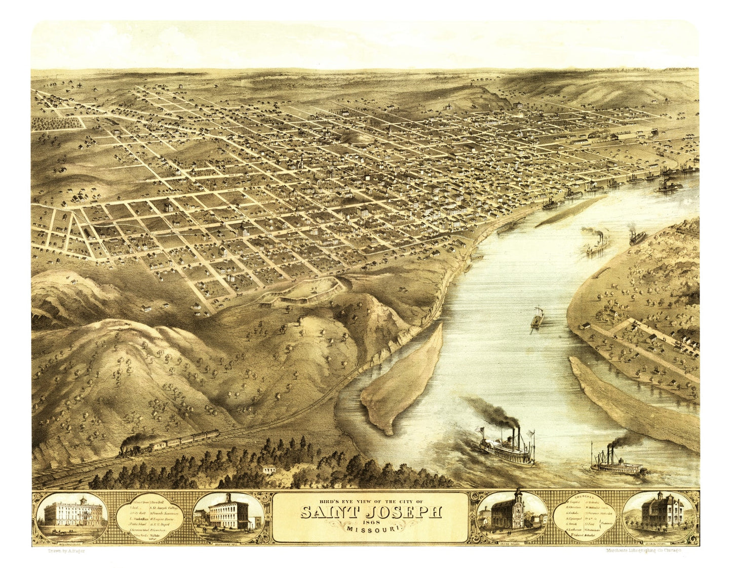 Vintage Map of Saint Joseph, Missouri, 1868
