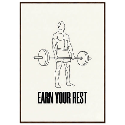 Earn Your Rest - Minimalist Deadlift Gym Poster - 70x100 cm / 28x40″ - Dark wood frame / Ready-to-hang - Sparkycare