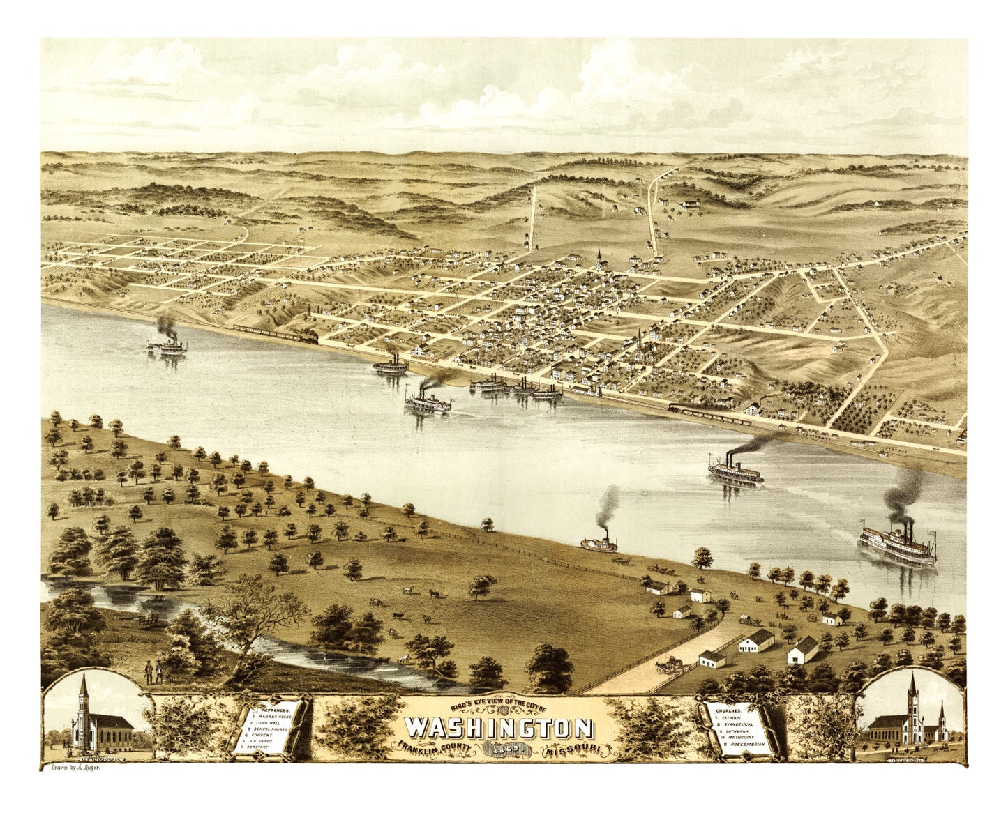 Vintage Map of Washington, Missouri, 1869