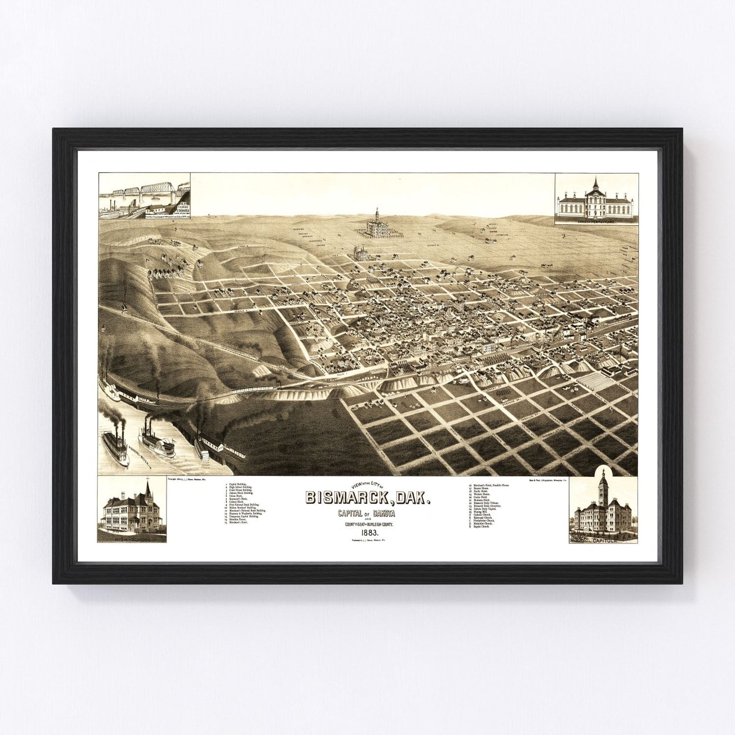 Vintage map of Bismarck, North Dakota, 1883, territorial capital