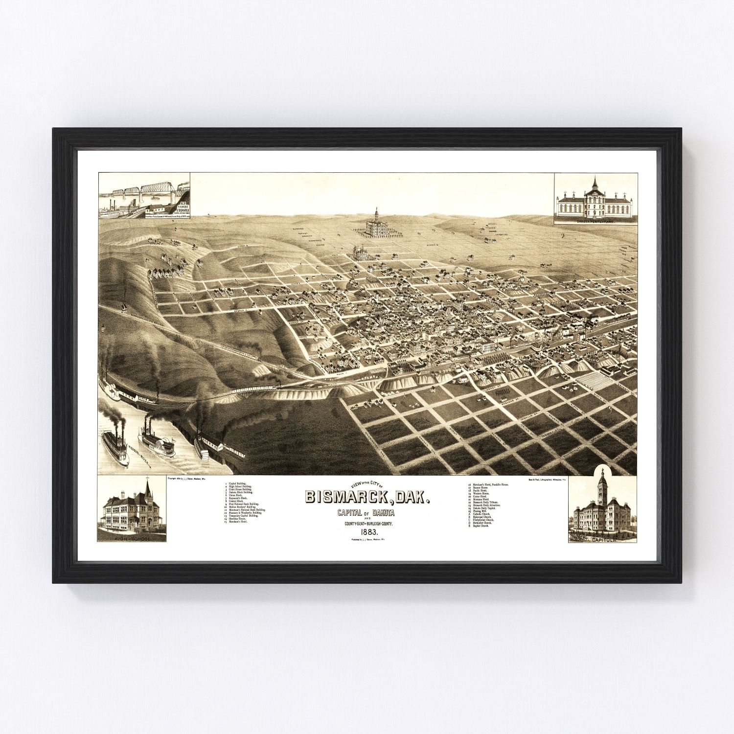 Vintage map of Bismarck, North Dakota, 1883, territorial capital