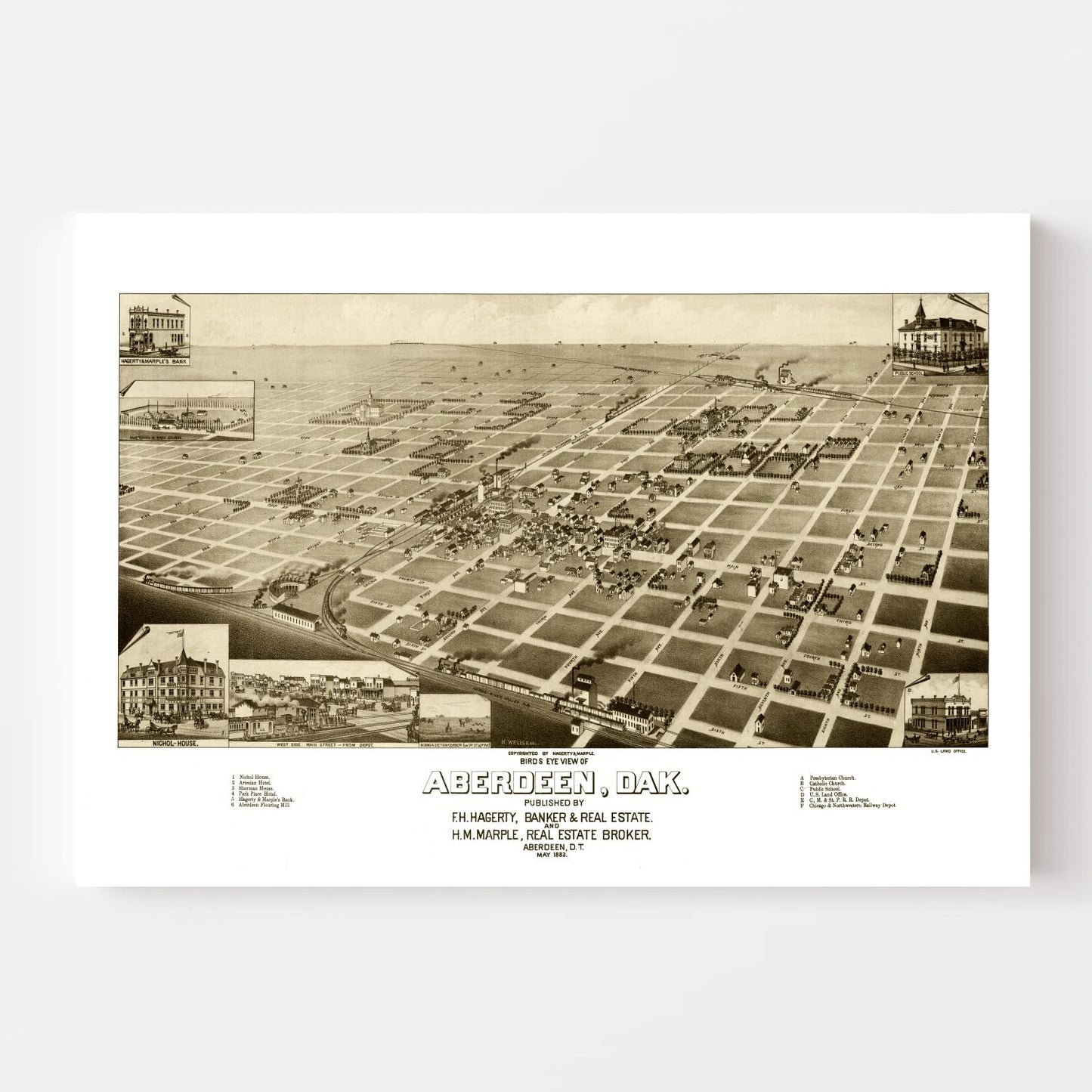 Vintage Map of Aberdeen, South Dakota, 1883