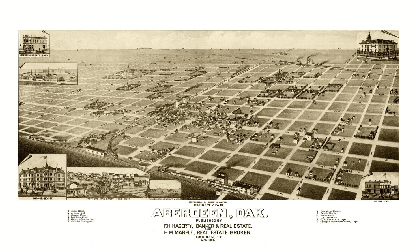 Vintage Map of Aberdeen, South Dakota, 1883