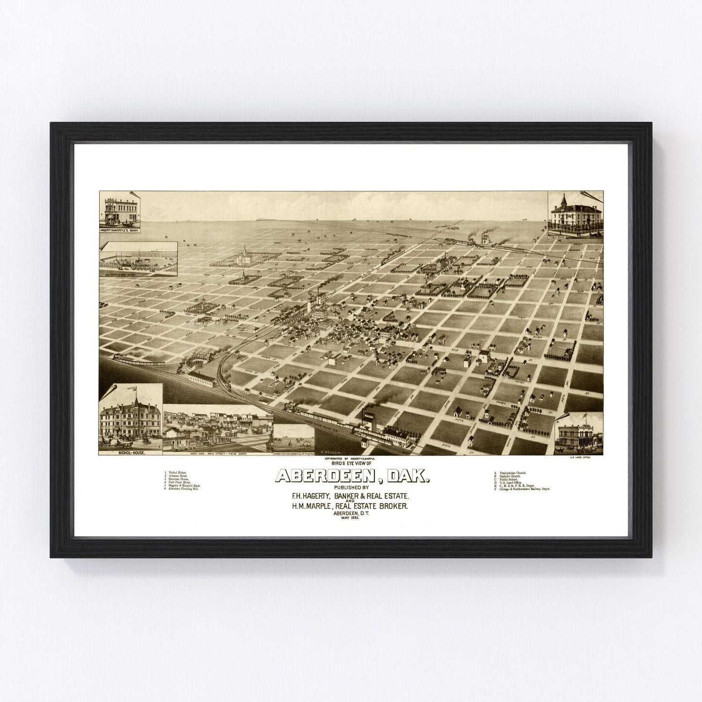 Vintage map of Aberdeen, South Dakota, 1883 - restored 19th-century Brown County survey