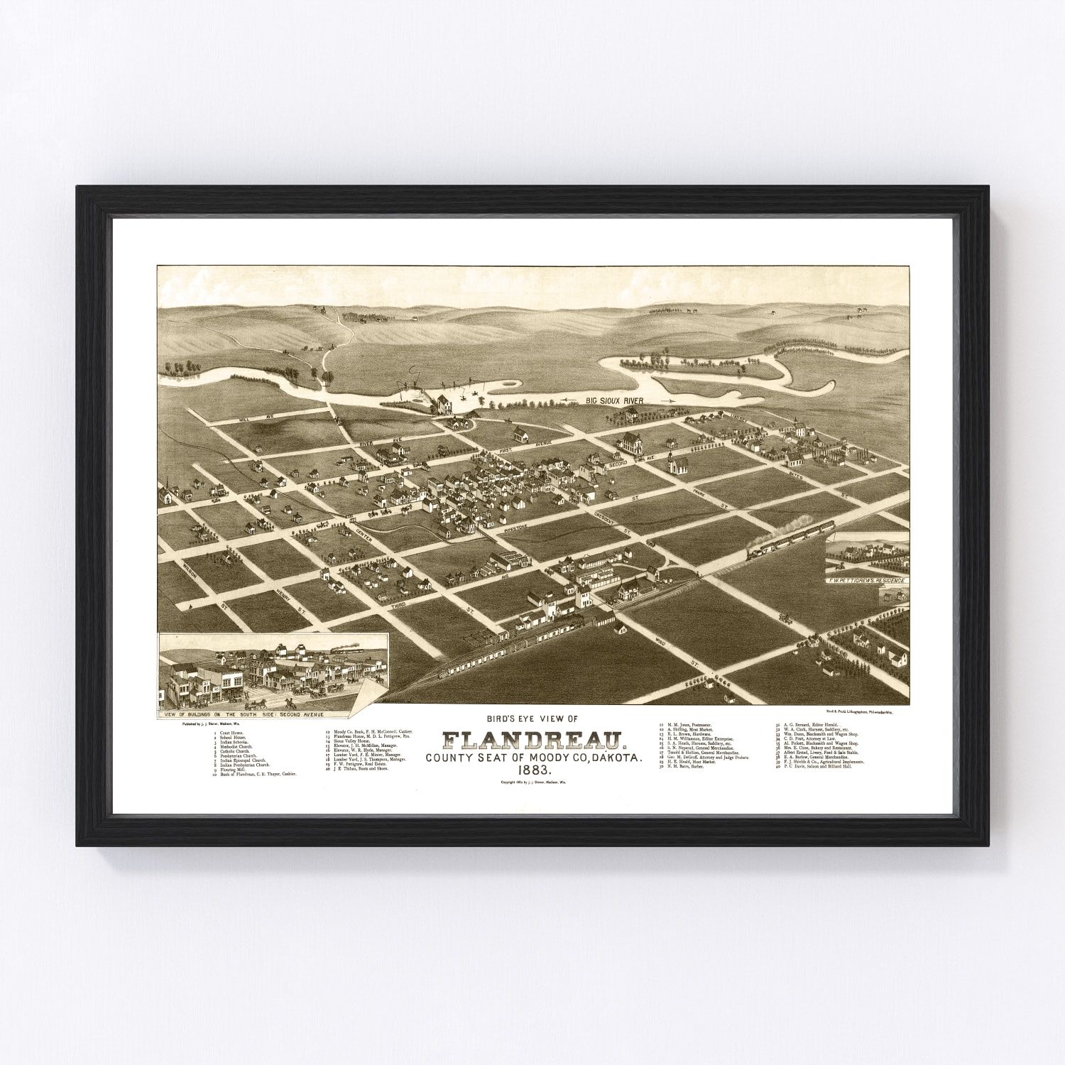 Vintage restored map of Flandreau, South Dakota, 1883, Big Sioux River frontier