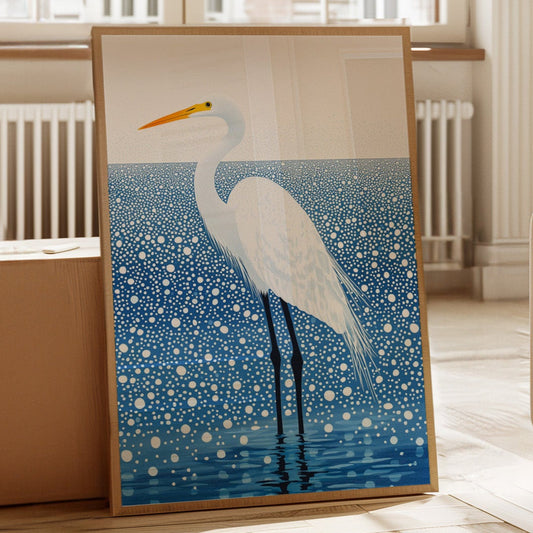 White egret in snowfall minimalist bird wall art in cool blue tones
