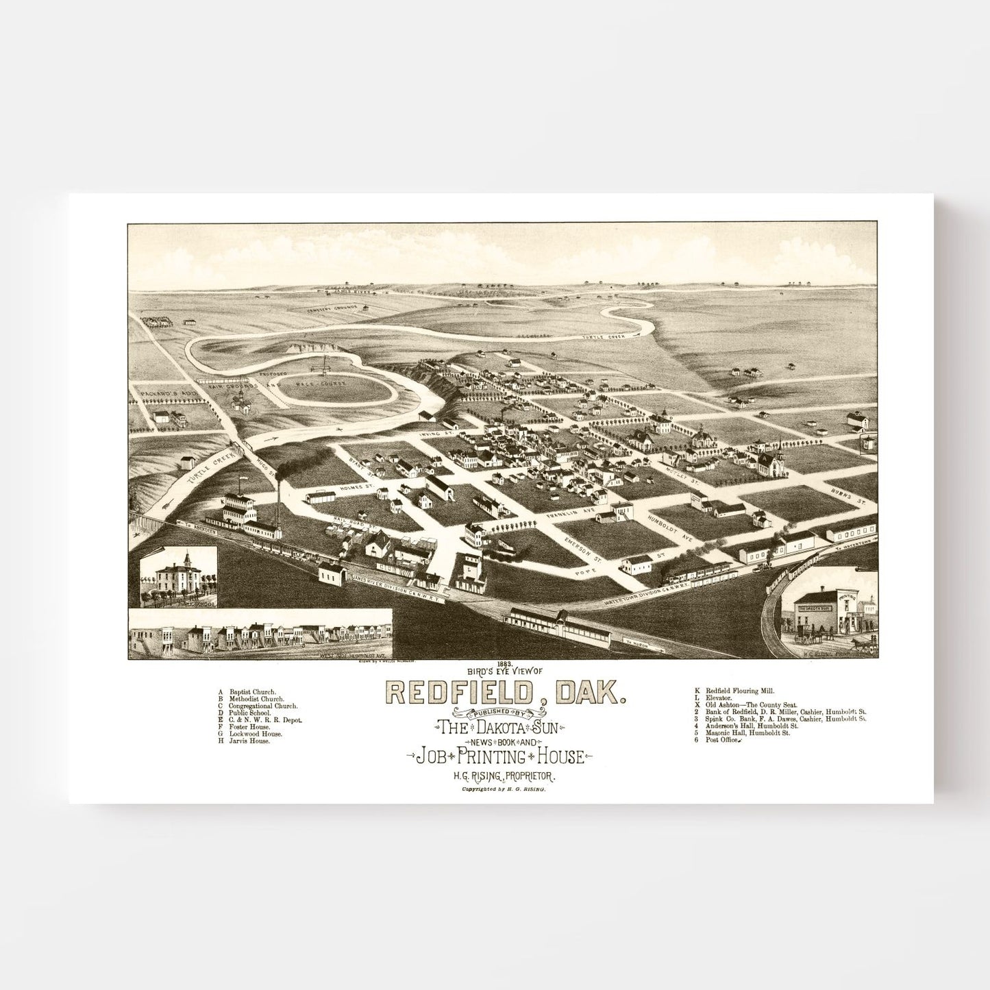 Vintage Map of Redfield, South Dakota, 1883