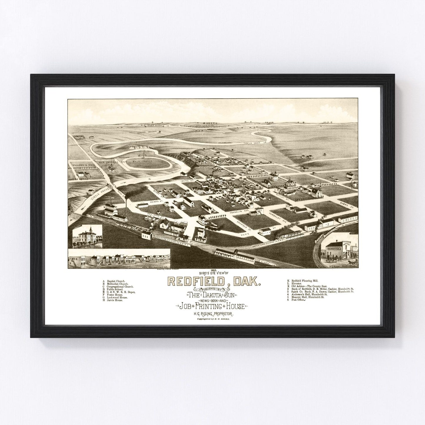 Vintage map of Redfield, South Dakota, 1883
