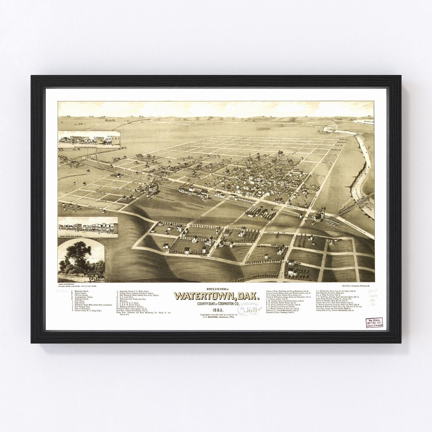 Vintage map of Watertown, South Dakota, 1883 - Codington County frontier era print