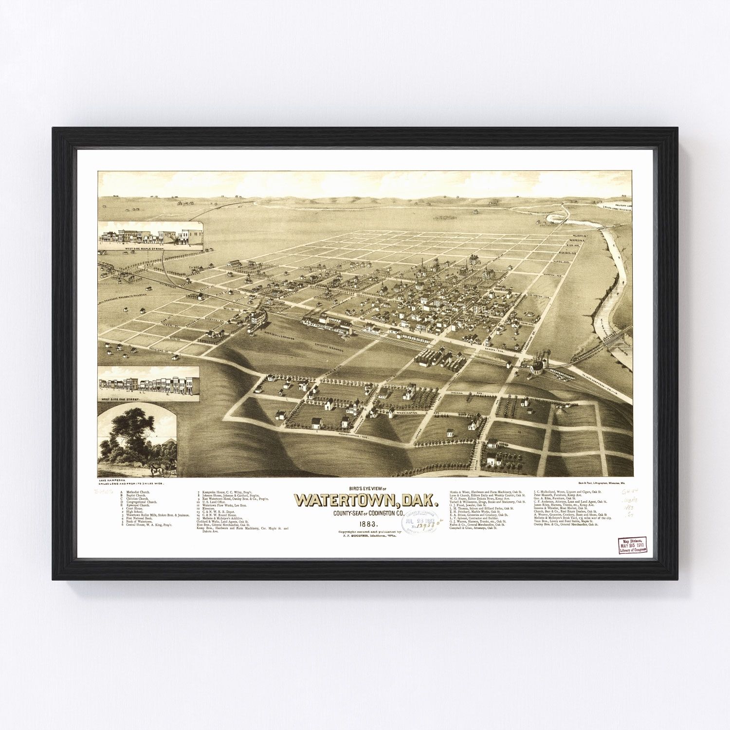 Vintage map of Watertown, South Dakota, 1883 - Codington County frontier era print