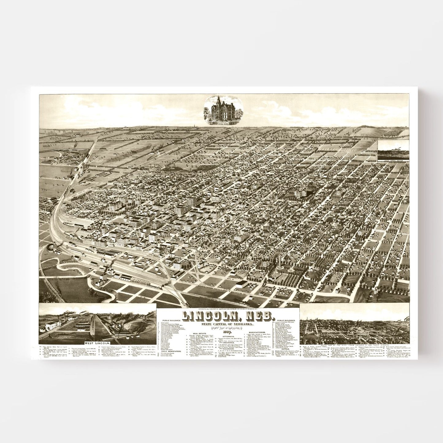 Vintage Map of Lincoln, Nebraska, 1889