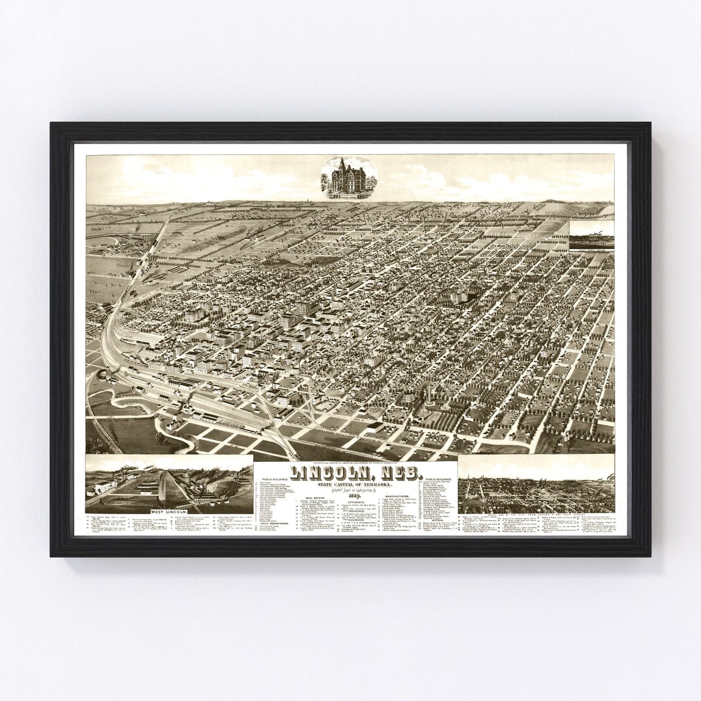 Vintage map of Lincoln, Nebraska, 1889