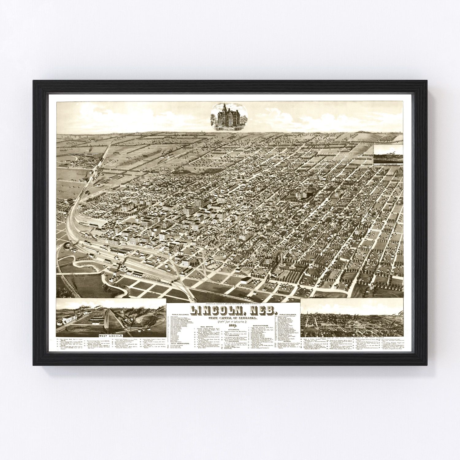 Vintage map of Lincoln, Nebraska, 1889