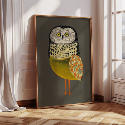 Stylized Owl Wall Art - Golden Feather Bird Print