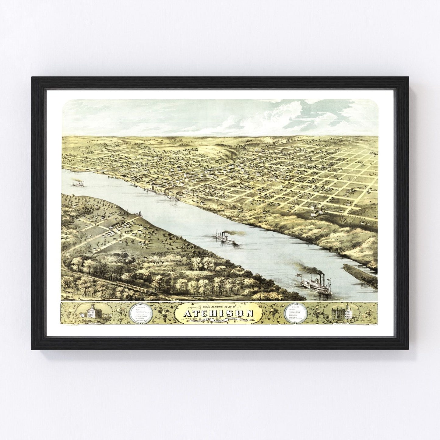 vintage map of Atchison, Kansas, 1869, Missouri River rail hub