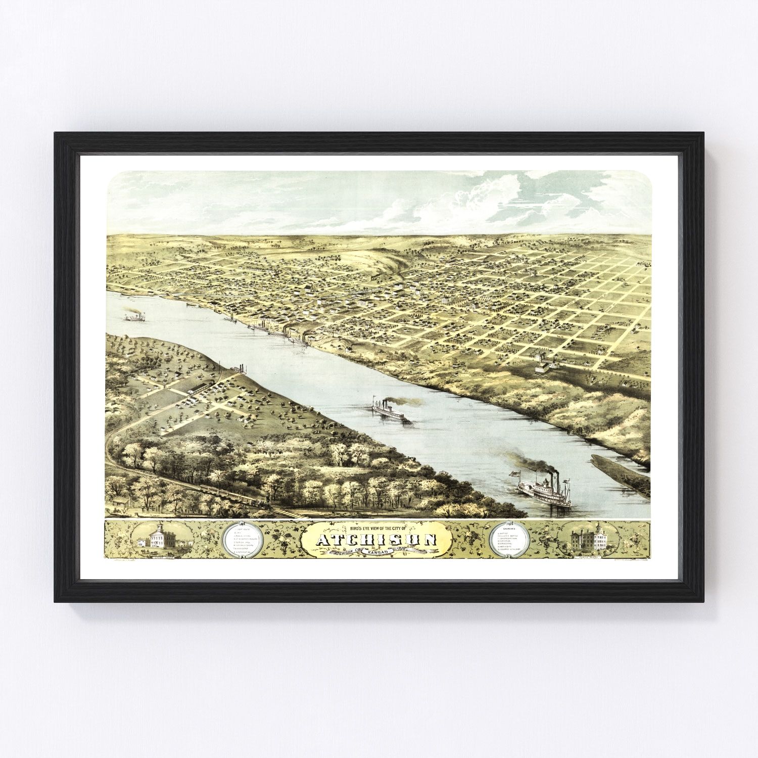 vintage map of Atchison, Kansas, 1869, Missouri River rail hub