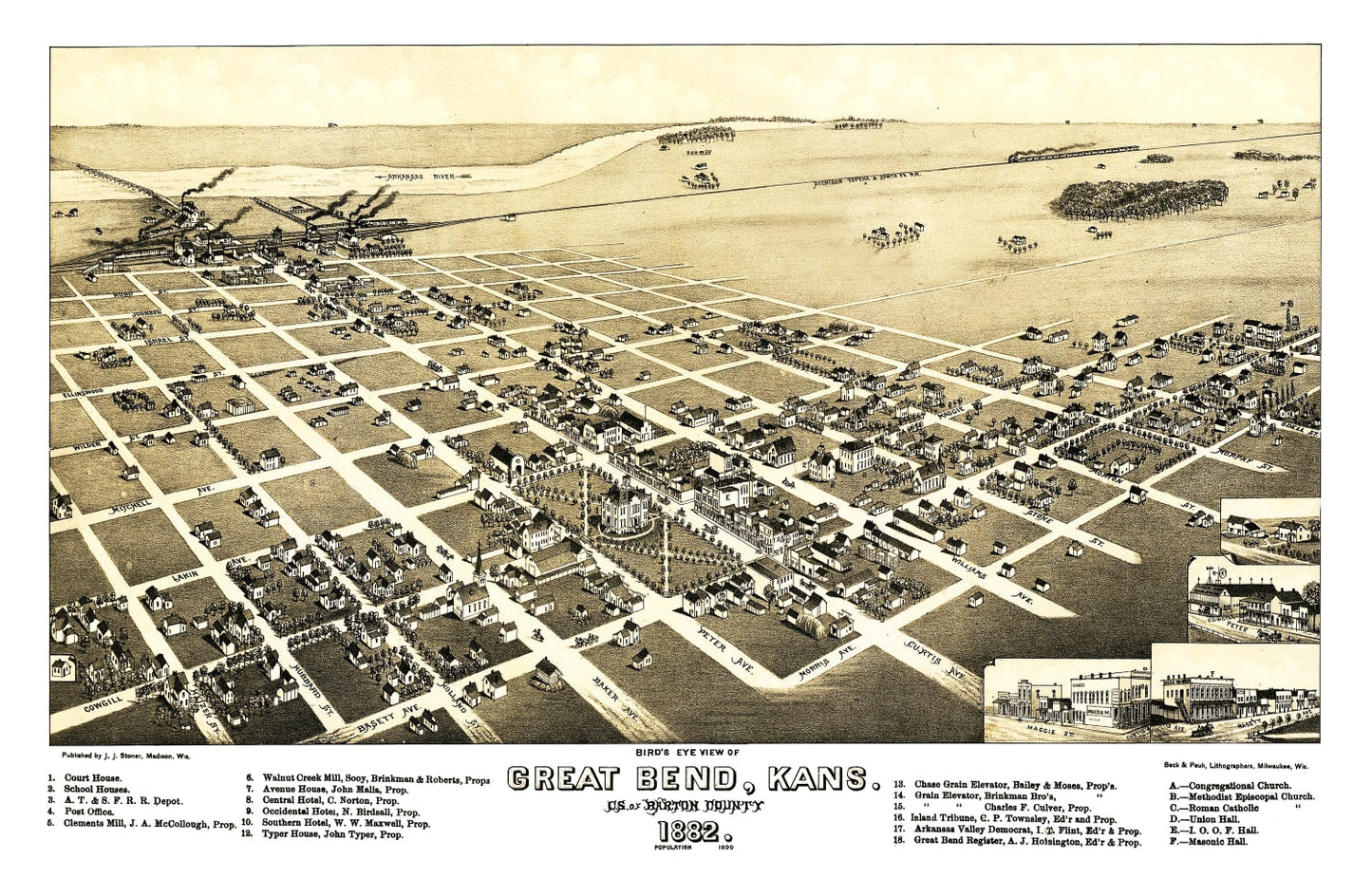 Vintage Map of Great Bend, Kansas, 1882