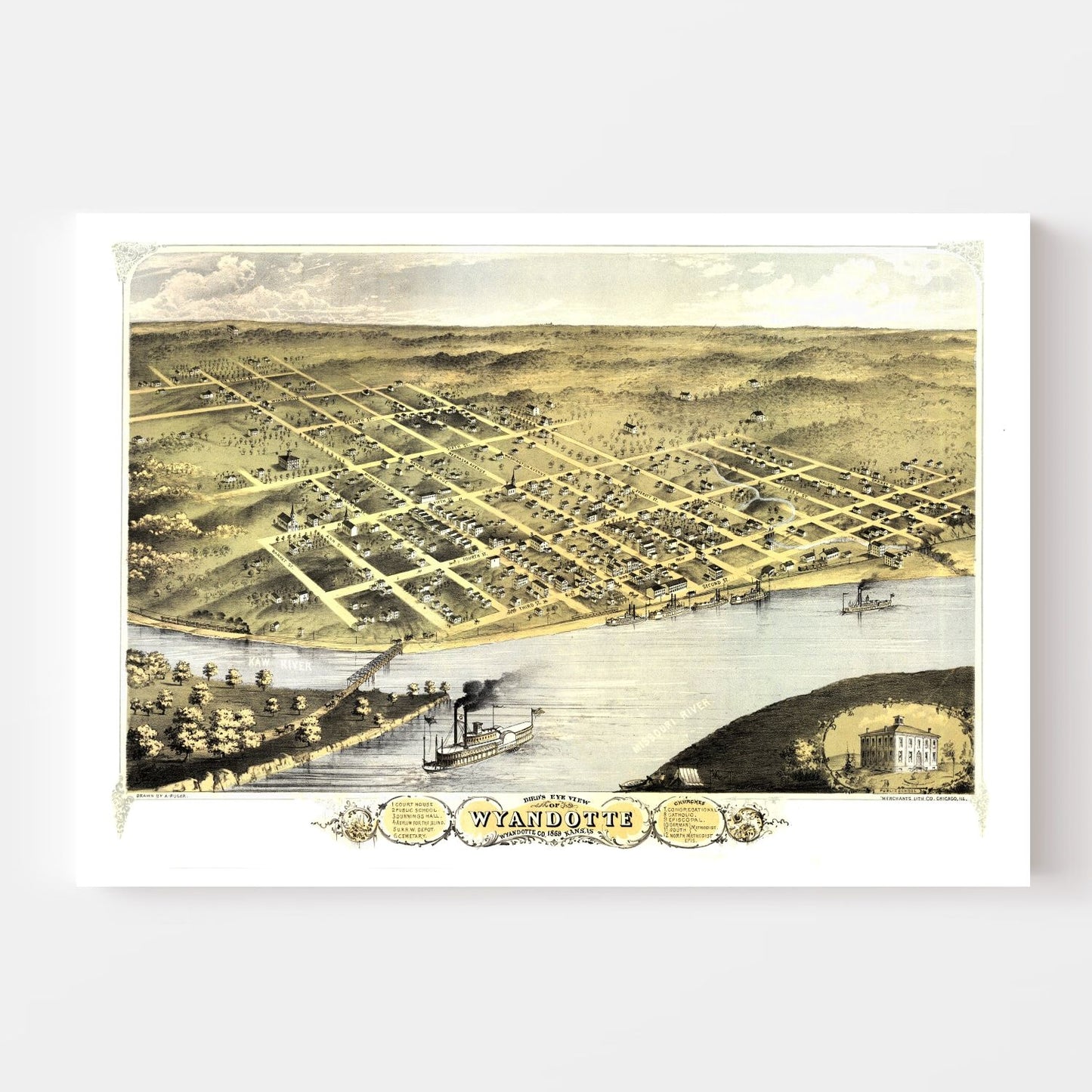 Vintage Map of Wyandotte, Kansas, 1869