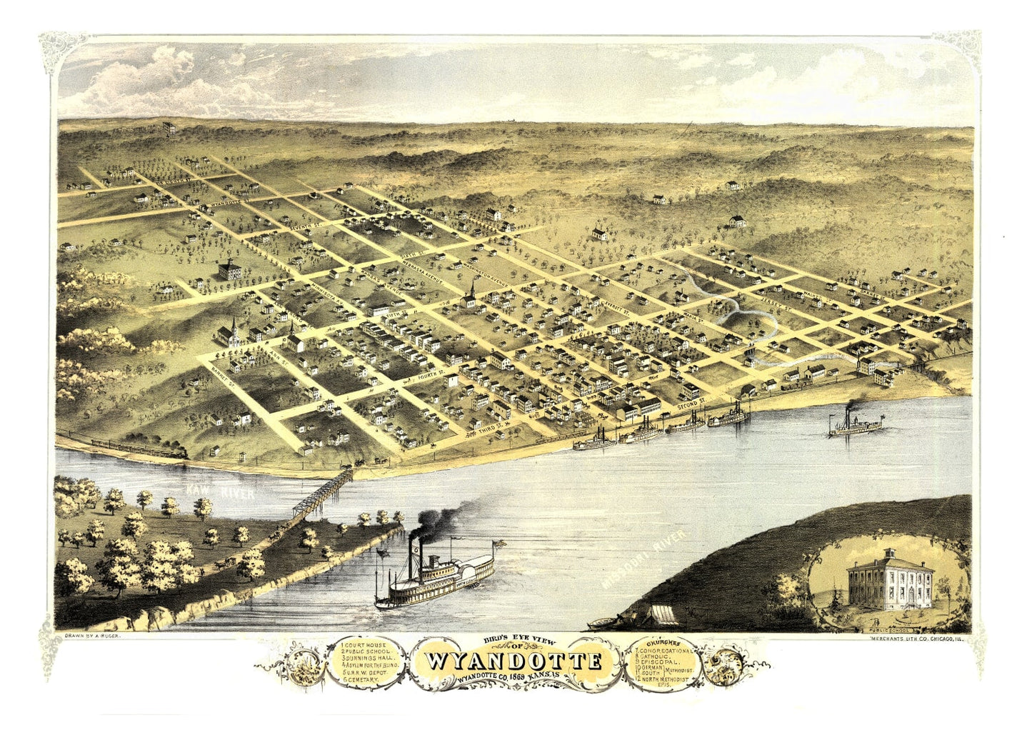 Vintage Map of Wyandotte, Kansas, 1869