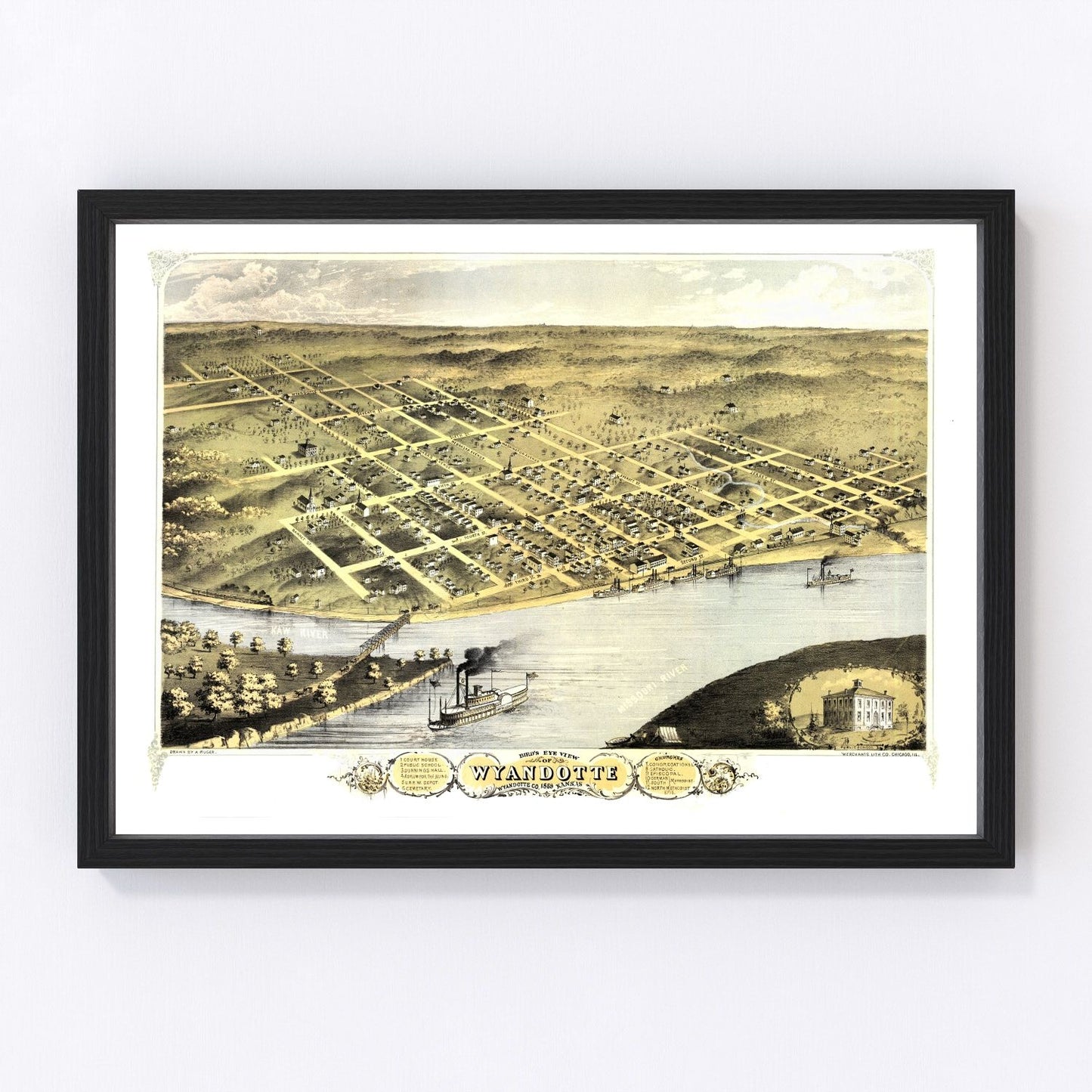Vintage map of Wyandotte, Kansas, 1869, digitally restored