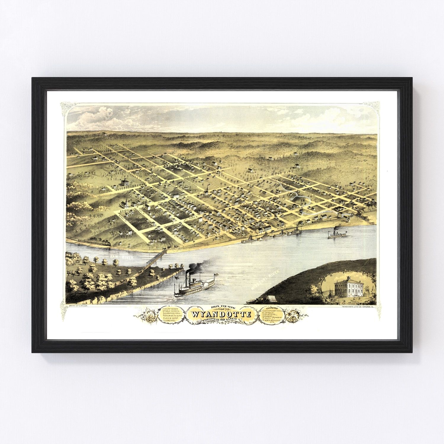 Vintage map of Wyandotte, Kansas, 1869, digitally restored