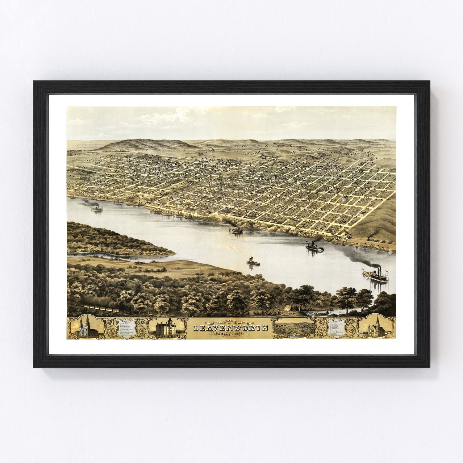Vintage map of Leavenworth, Kansas, 1869