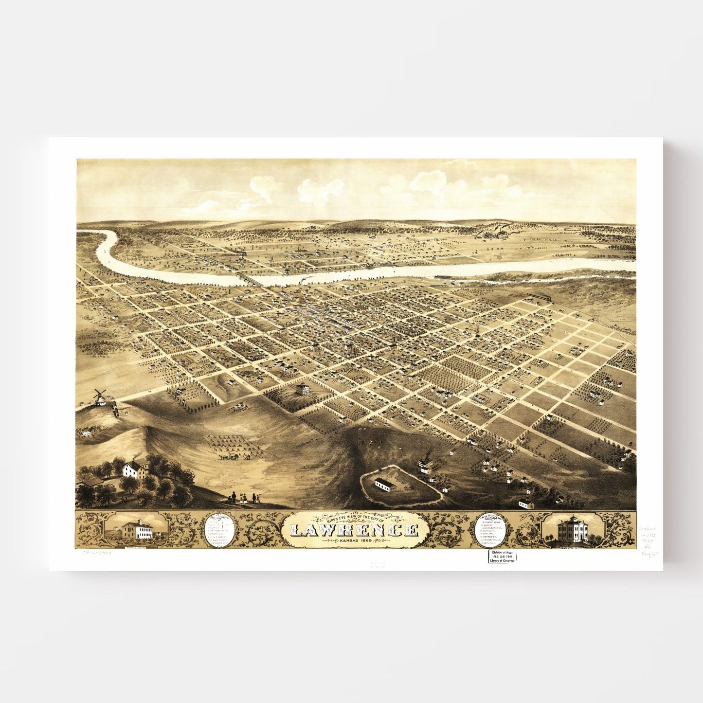 Vintage Map of Lawrence, Kansas, 1869