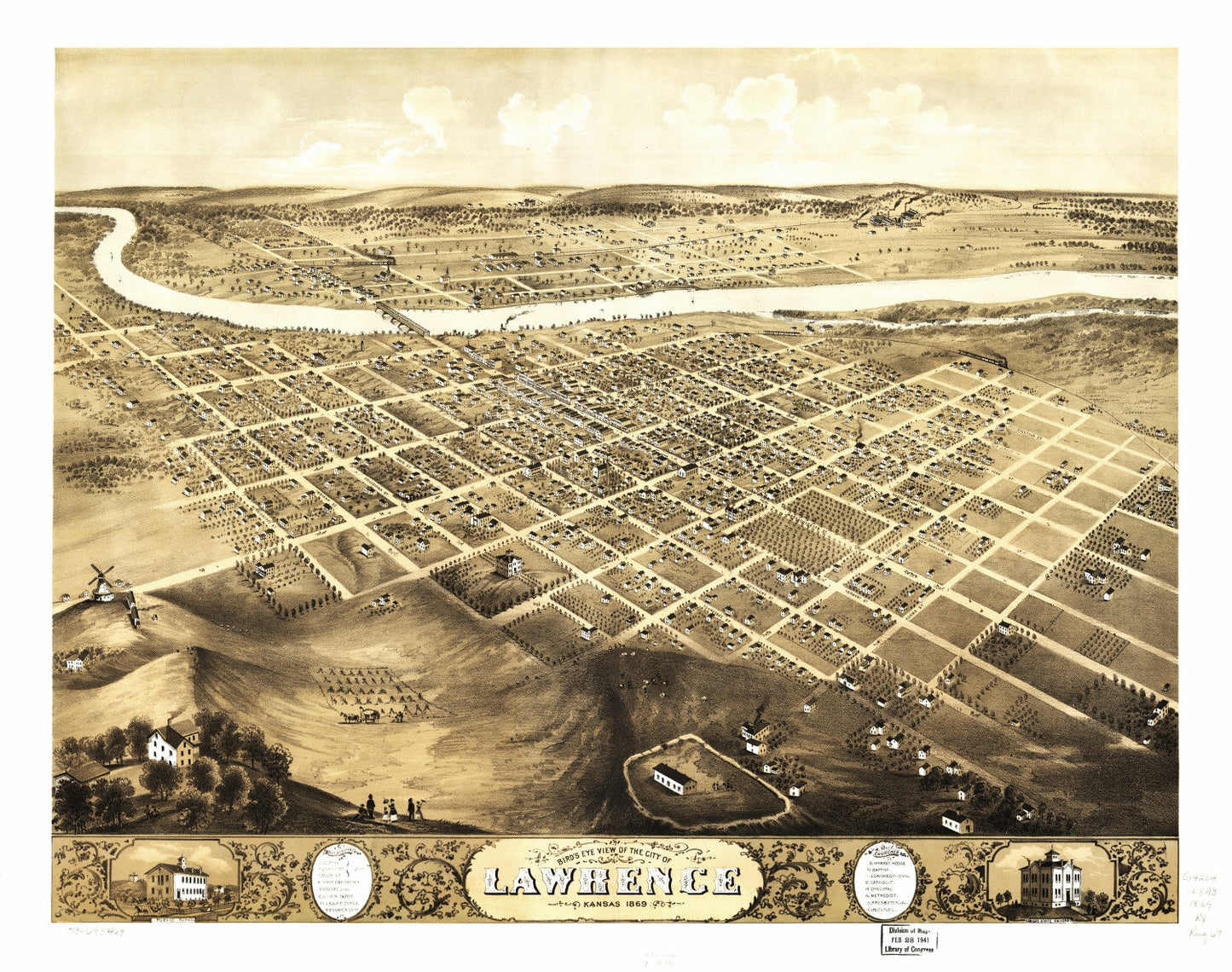 Vintage Map of Lawrence, Kansas, 1869