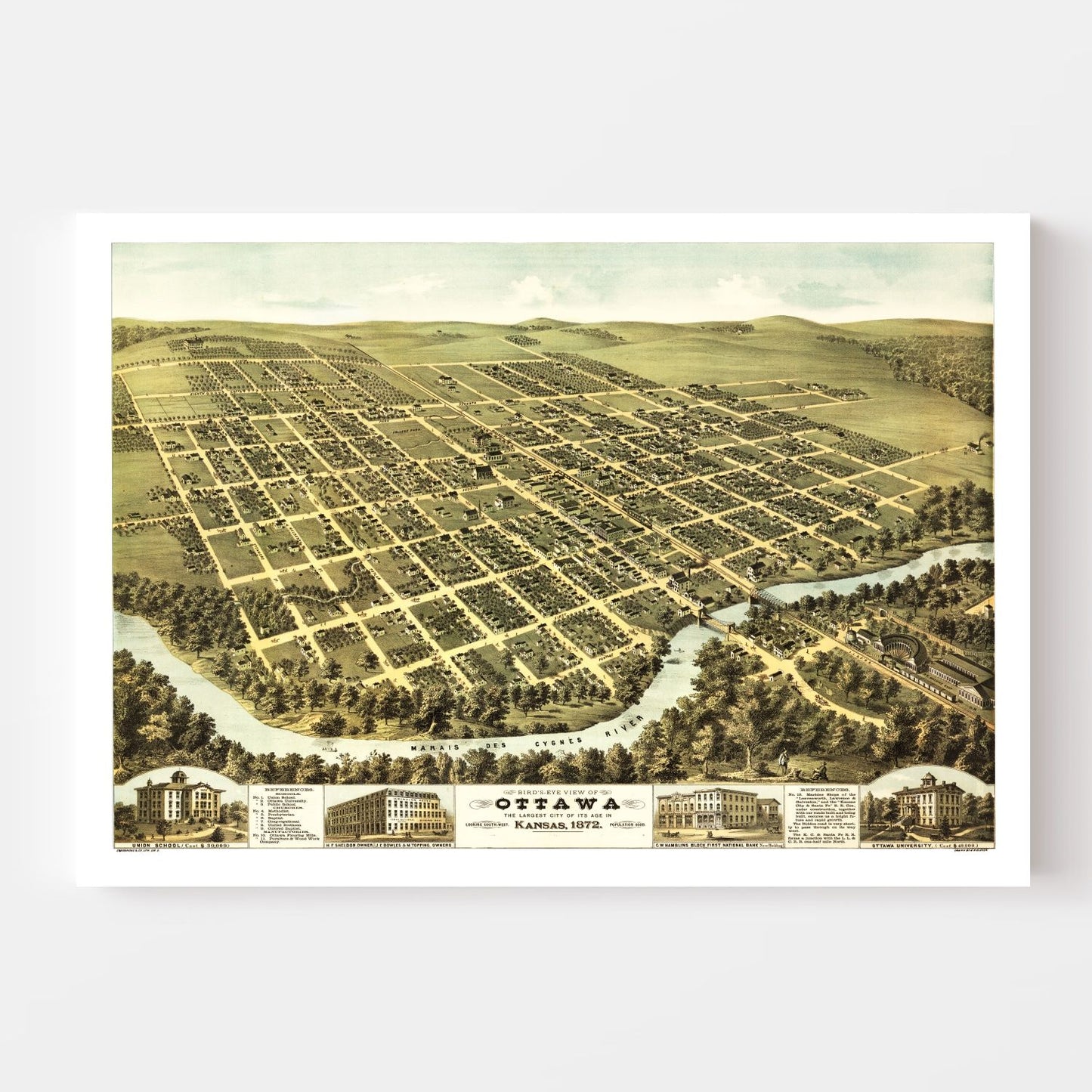Vintage Map of Ottawa, Kansas, 1872