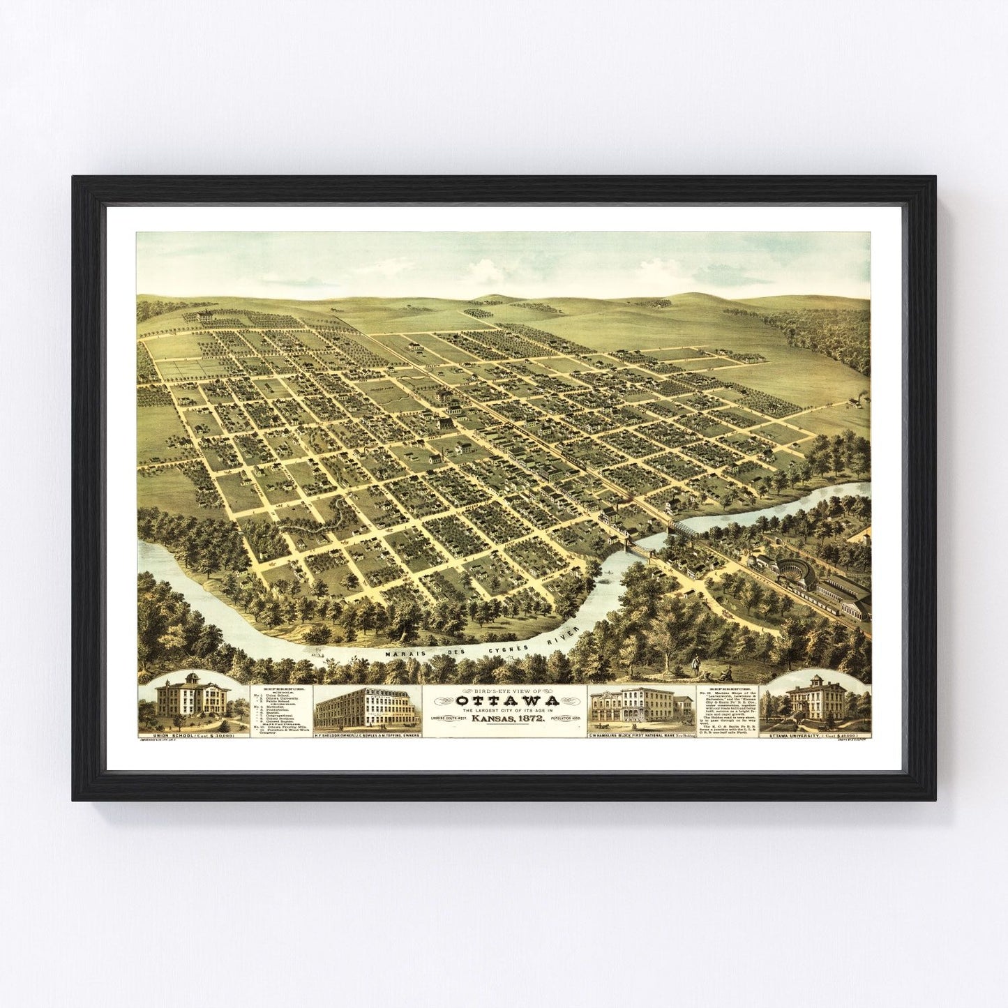 Vintage map of Ottawa, Kansas, 1872