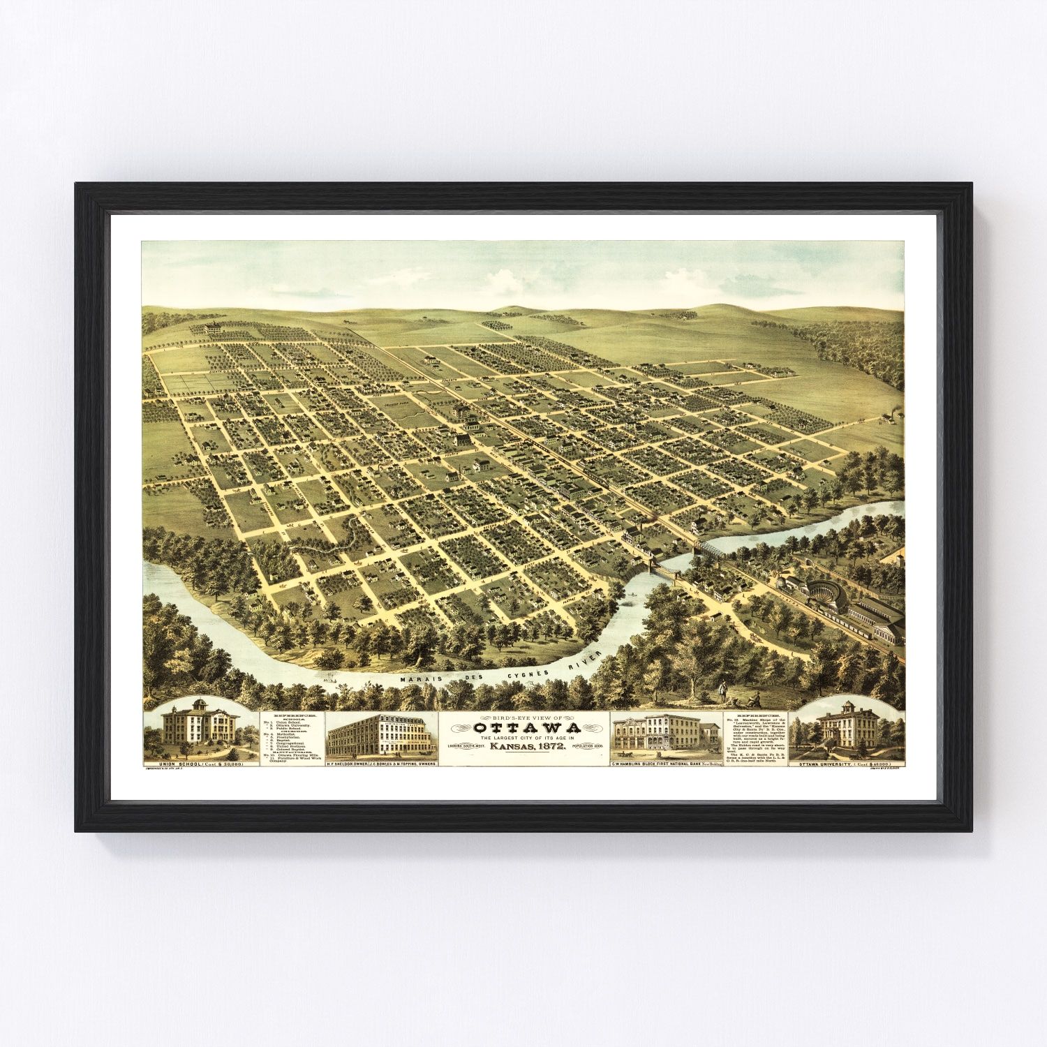 Vintage map of Ottawa, Kansas, 1872