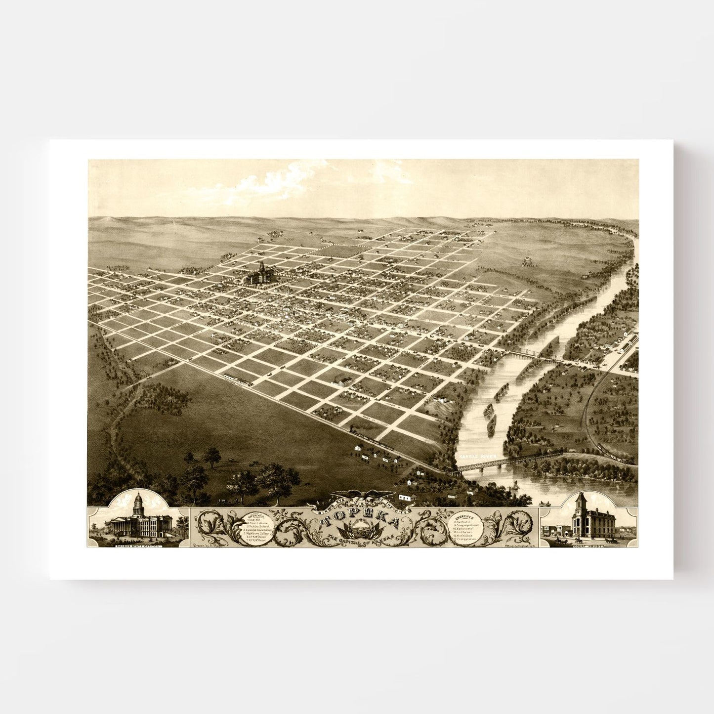 Vintage Map of Topeka, Kansas, 1869