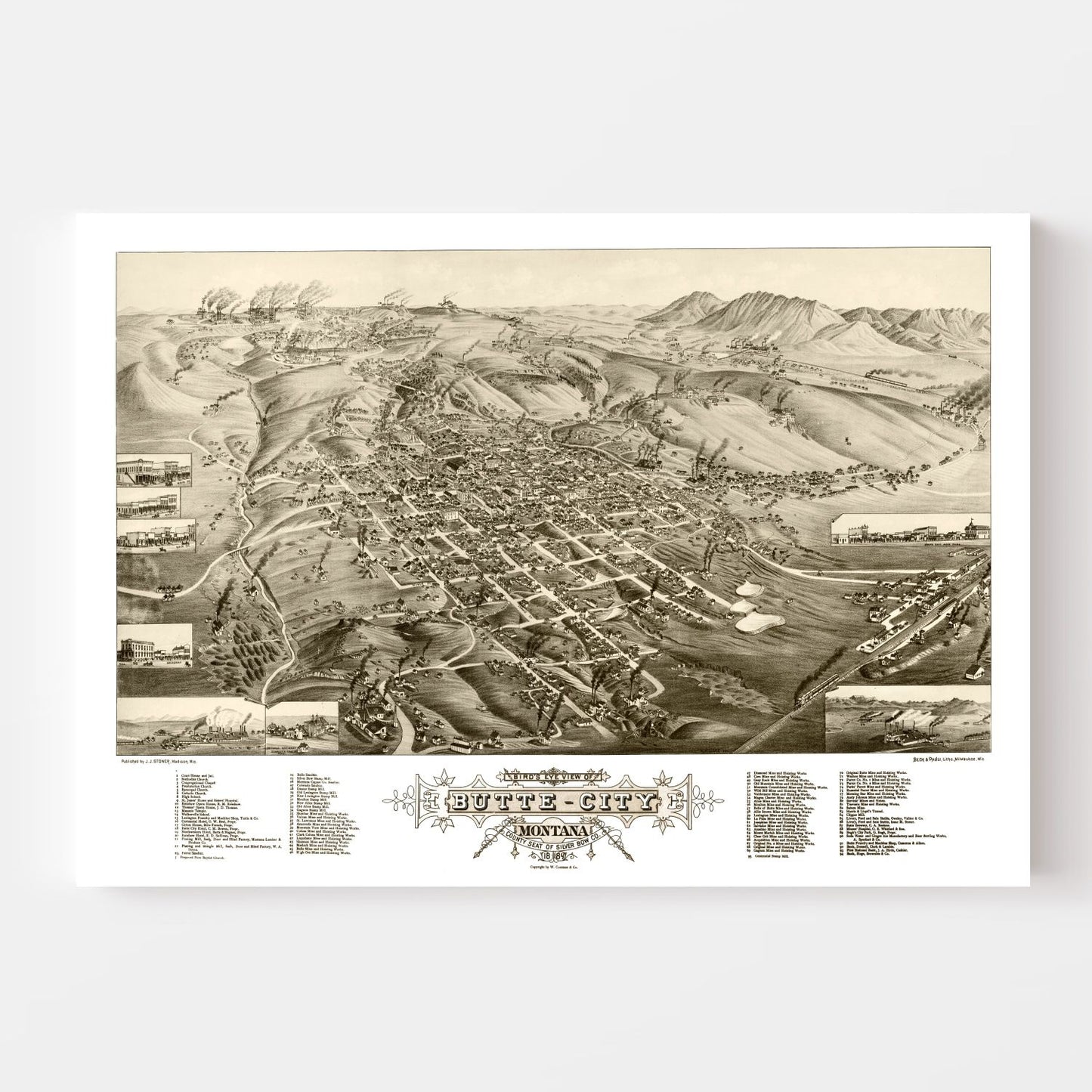 Vintage Map of Butte City, Montana, 1884 Wall Art