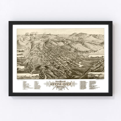 Vintage map of Butte City, Montana, 1884, digitally restored