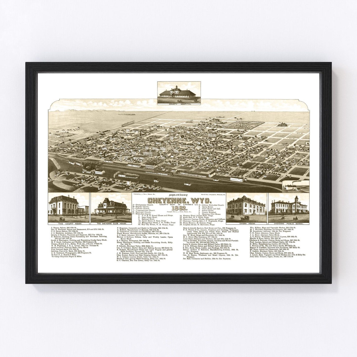 Vintage restored map of Cheyenne, Wyoming, 1882, Laramie County railroad era