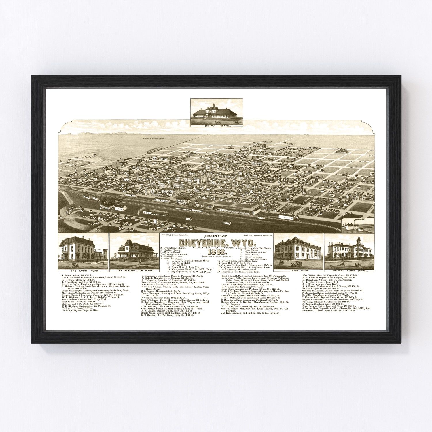 Vintage restored map of Cheyenne, Wyoming, 1882, Laramie County railroad era